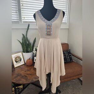 Bohemian Cream Asymmetrical Dress with Blue Embroidery